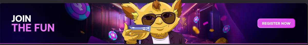 A wide promo banner with a cool cartoon fox in sunglasses holding a drink inside a neon casino hallway. Left text: “JOIN THE FUN” Right side: a pink “REGISTER NOW” call-to-action button.